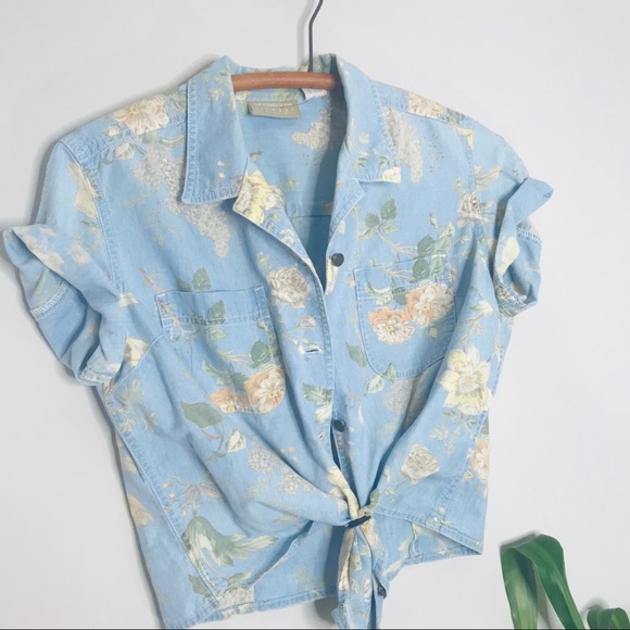 VTG 90’s Floral Chambray Crop Button Up Popover - Picture 7 of 7